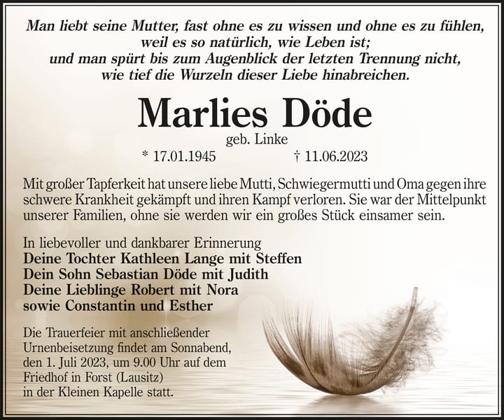 Traueranzeige Marlies Döde, geb. Linke