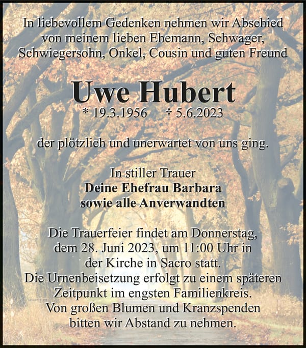 Traueranzeige Uwe Hubert