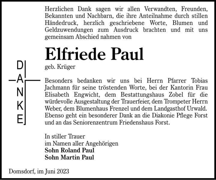 Danksagung Elfriede Paul, geb. Krüger
