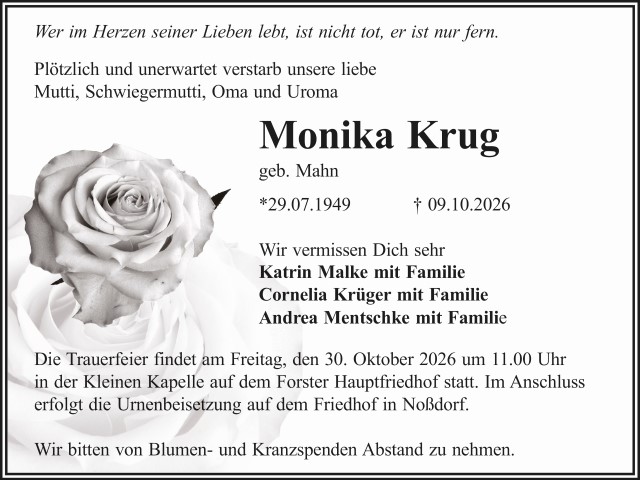 Traueranzeige Monika Krug geb. Mahn