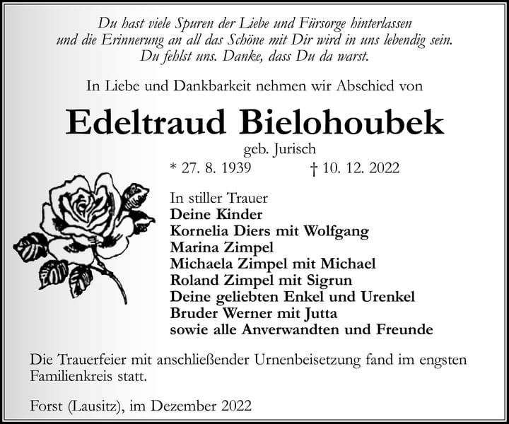 Traueranzeige Edeltraud Bielohoubek, geb. Jurisch
