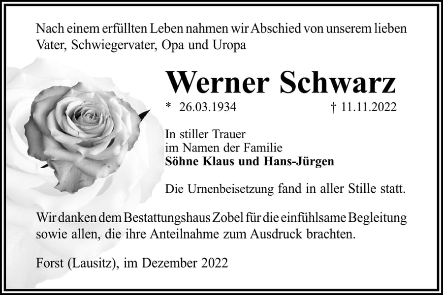Traueranzeige Werner Schwarz