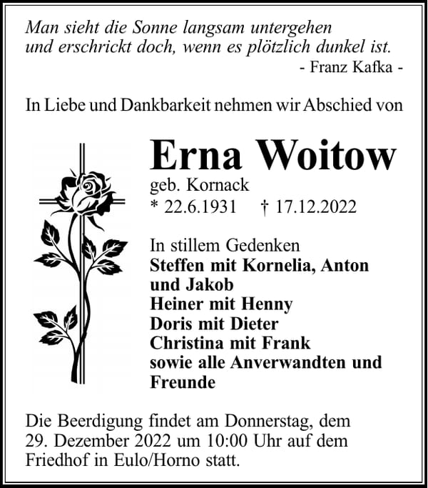 Traueranzeige Erna Woitow, geb. Kornack