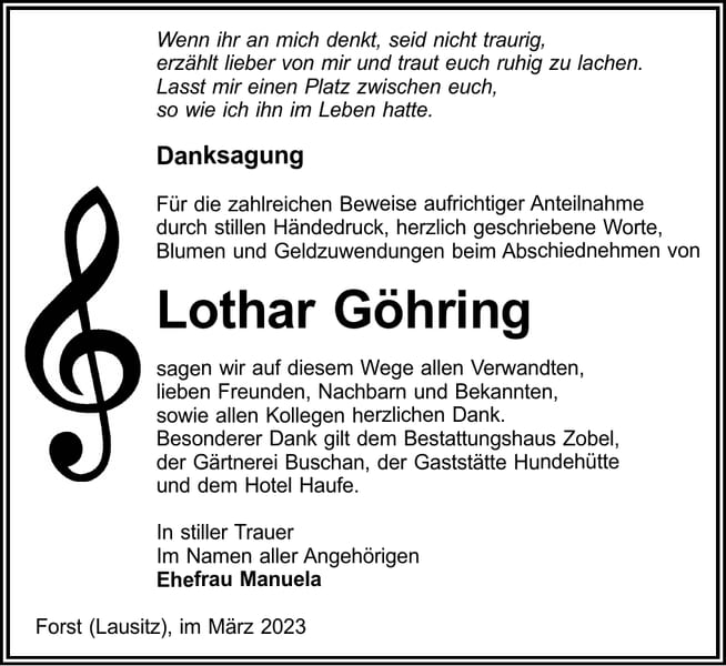 Danksagung Lothar Göhring