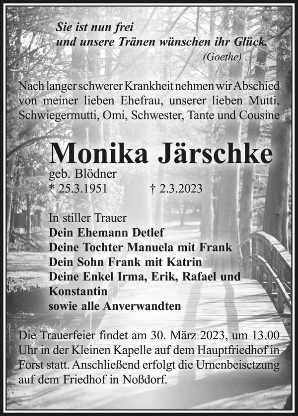 Traueranzeige Monika Järschke, geb. Blödner