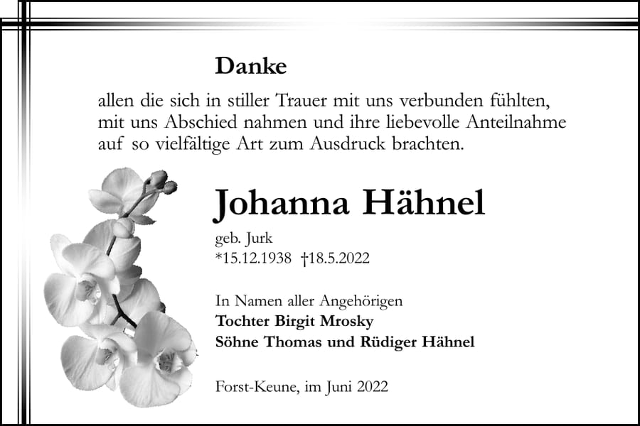 Danksagung Johanna Hähnel, geb. Jurk