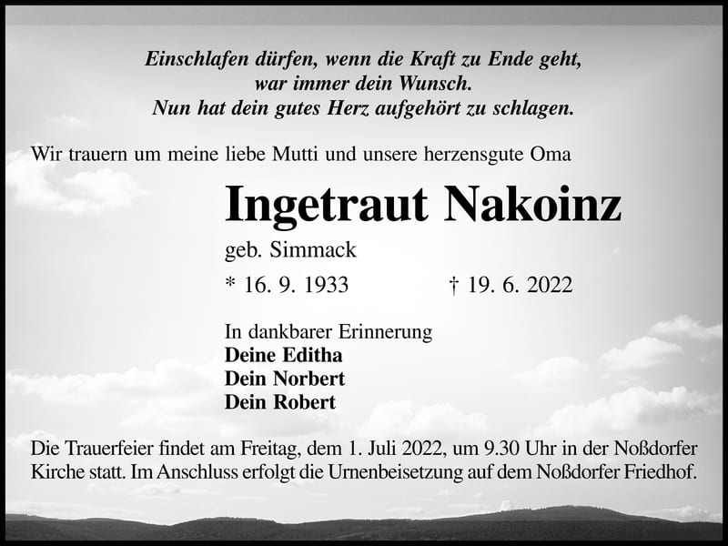 Traueranzeige Ingetraut Nakoinz, geb. Simmack