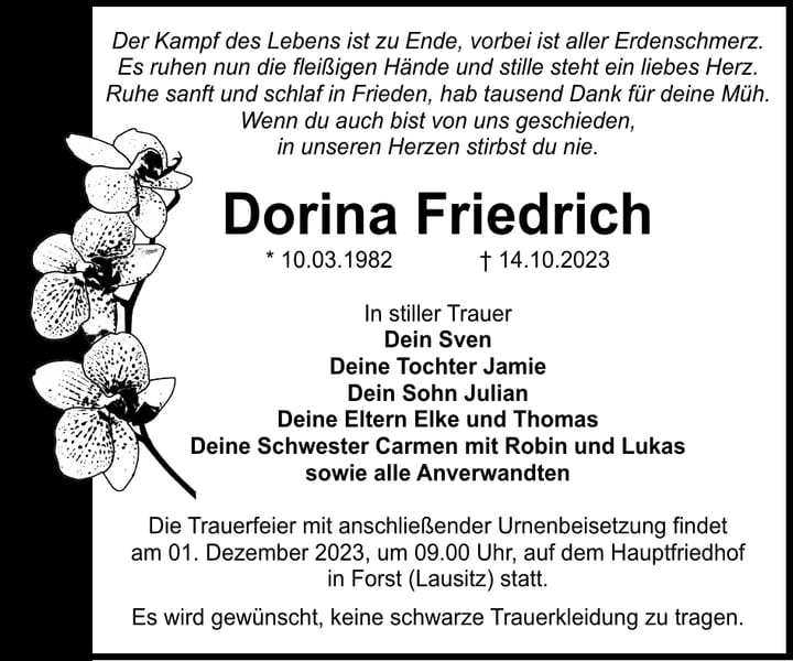 Traueranzeige Dorina Friedrich