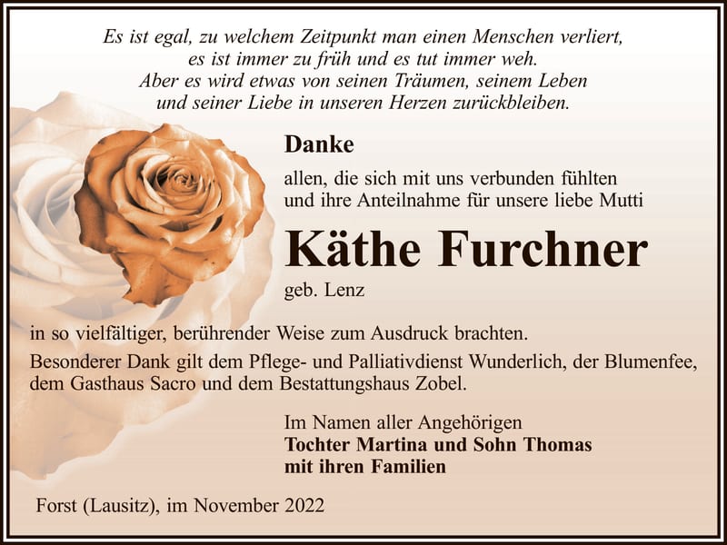 Danksagung Käthe Furchner, geb. Lenz