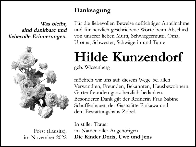 Danksagung Hilde Kunzendorf, geb. Wiesenberg