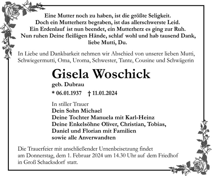 Traueranzeige Gisela Woschick, geb. Dubrau