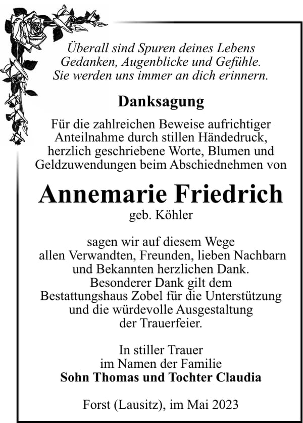 Danksagung Annemarie Friedrich, geb. Köhler