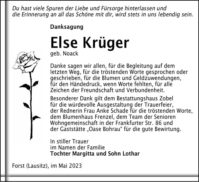 Danksagung Else Krüger, geb. Noack