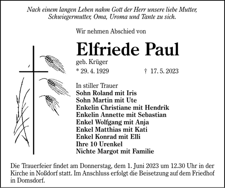 Traueranzeige Elfriede Paul, geb. Krüger