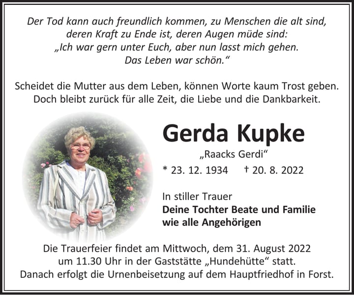 Traueranzeige Gerda Kupke