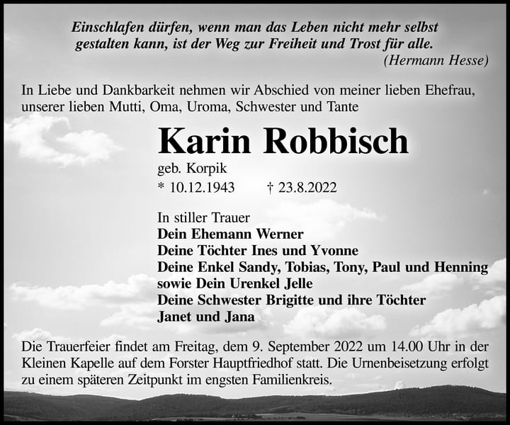 Traueranzeige Karin Robbisch, geb. Korpik