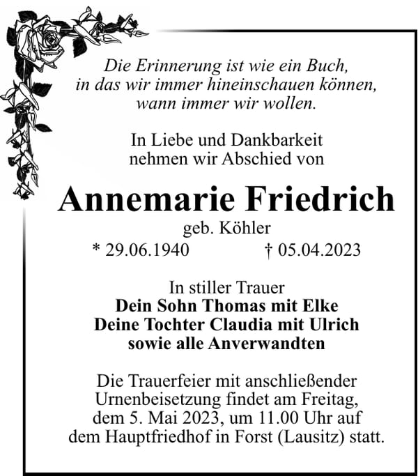 Traueranzeige Annemarie Friedrich, geb. Köhler