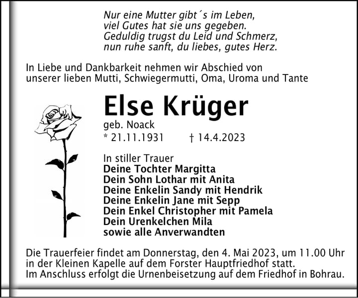 Traueranzeige Else Krüger, geb. Noack