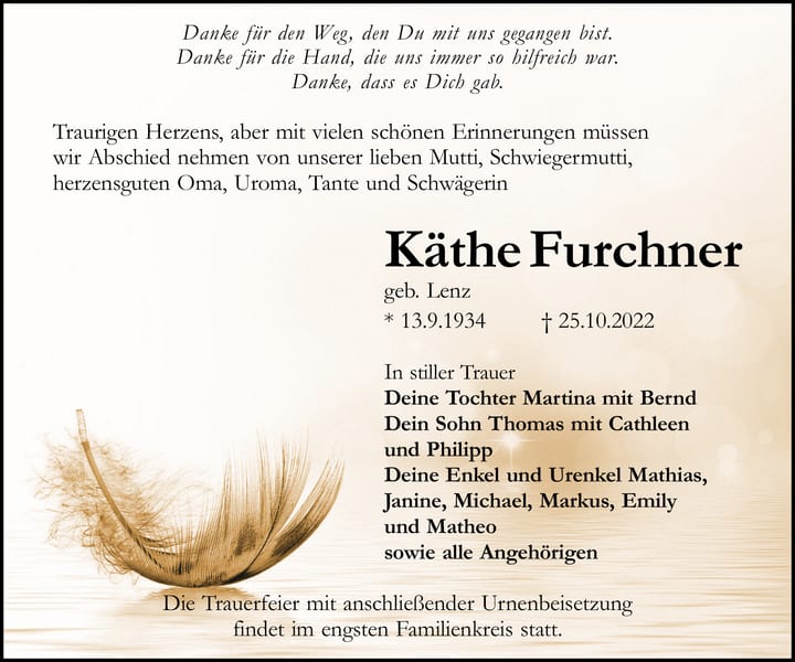 Traueranzeige Käthe Furchner, geb. Lenz