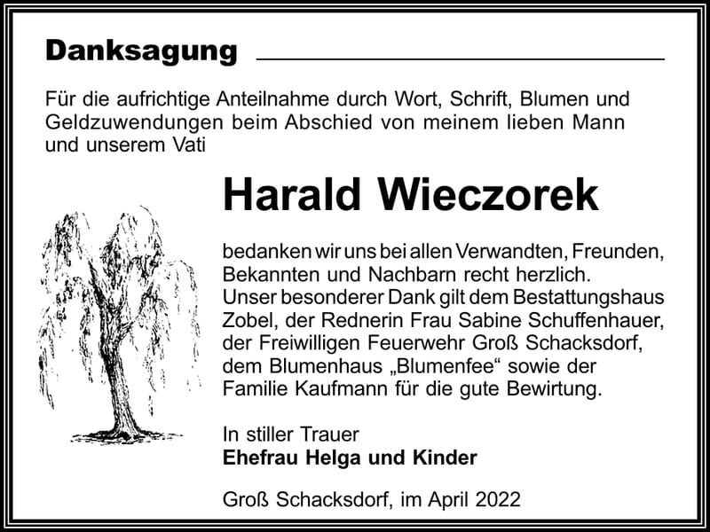 Danksagung Harald Wieczorek