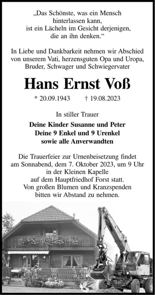 Traueranzeige Hans Ernst Voß