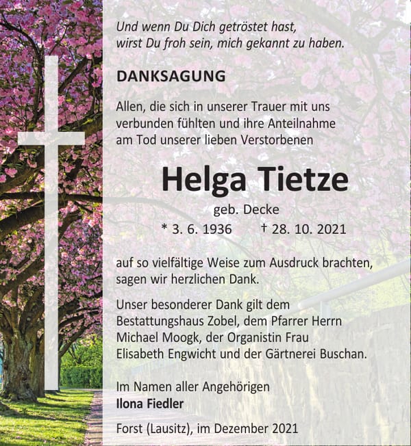 Danksagung Helga Tietze, geb. Decke