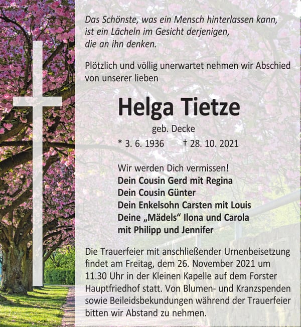 Traueranzeige Helga Tietze, geb. Decke