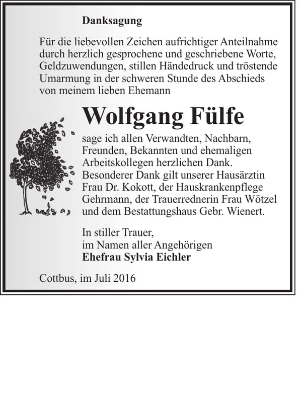 Danksagung Wolfgang Fülfe