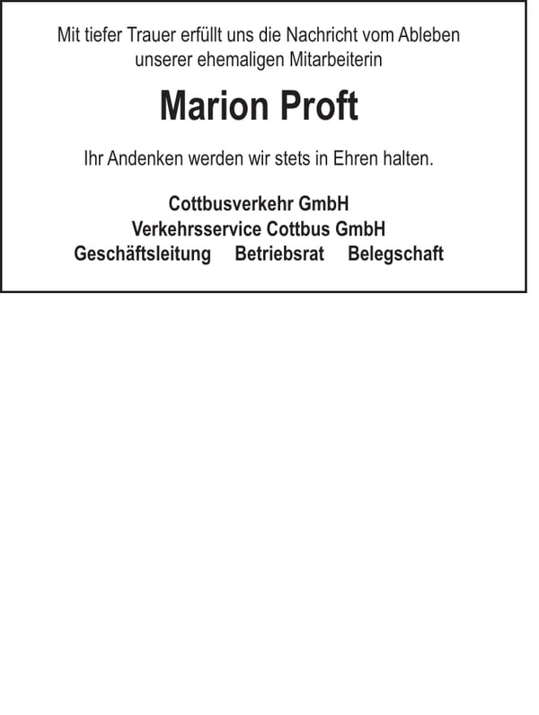 Nachruf Marion Proft