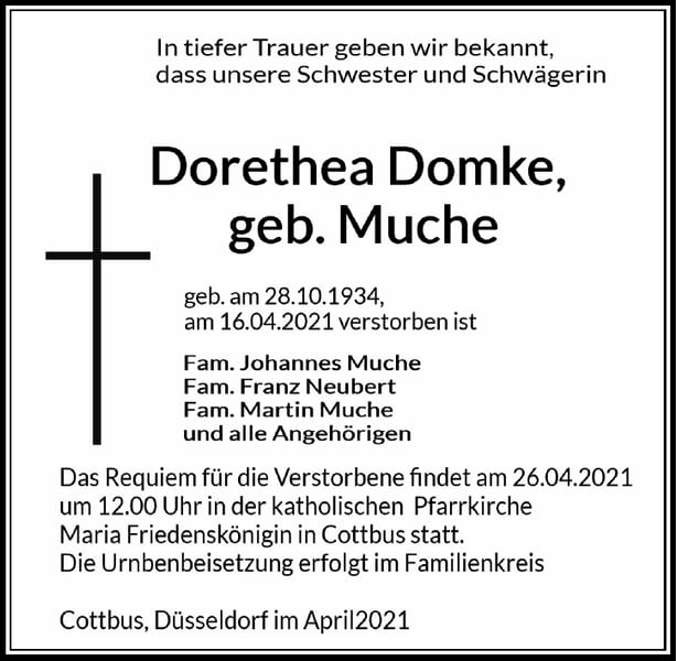 Traueranzeige Dorothea Domke, geb. Muche