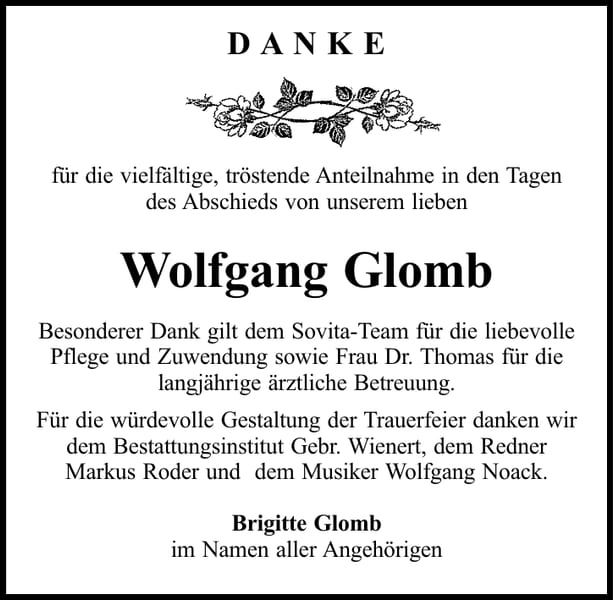 Danksagung Wolfgang Glomb