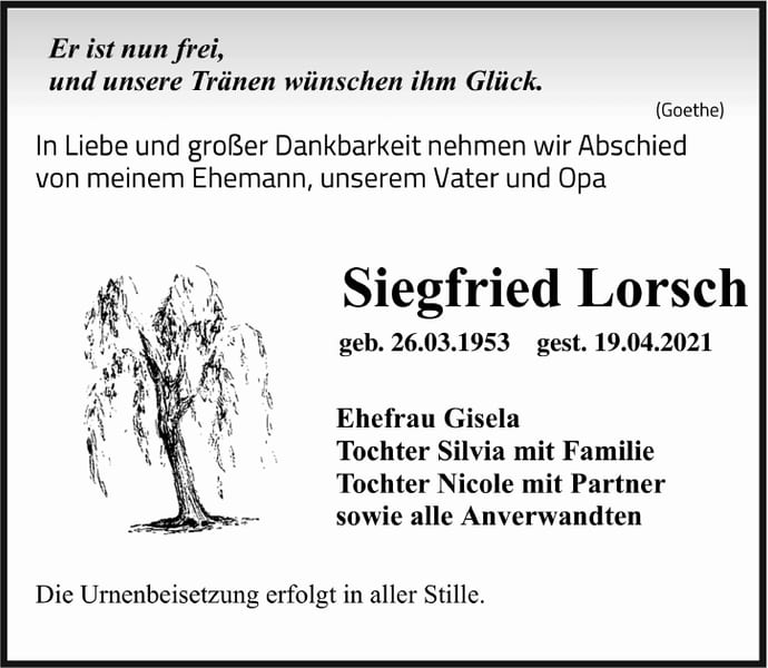 Traueranzeige Siegfried Lorsch