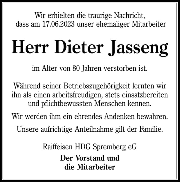Nachruf Herr Dieter Jasseng