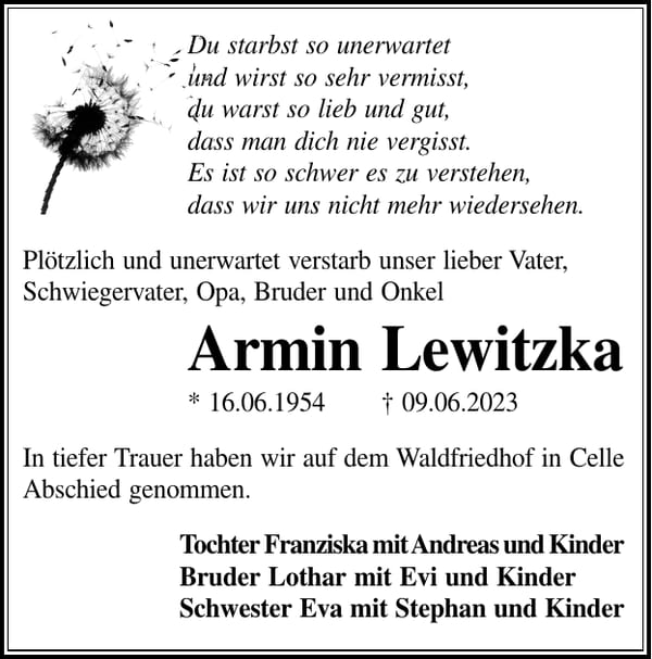Traueranzeige Armin Lewitzka
