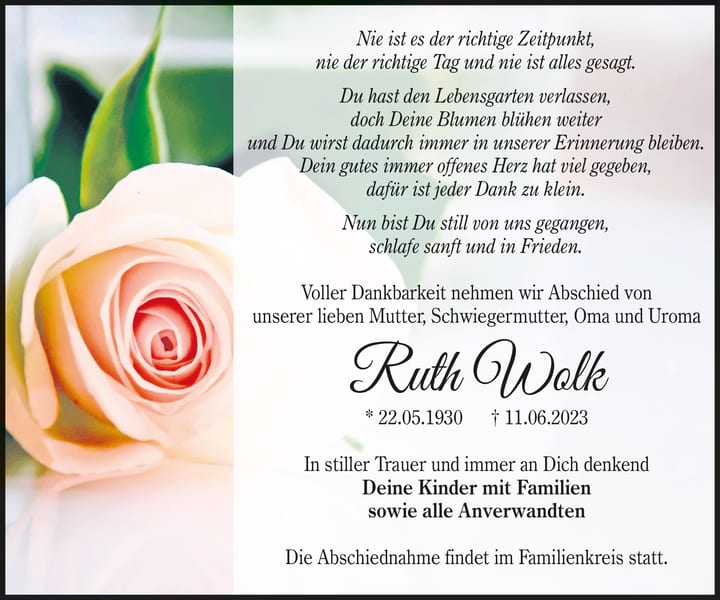 Traueranzeige Ruth Wolk