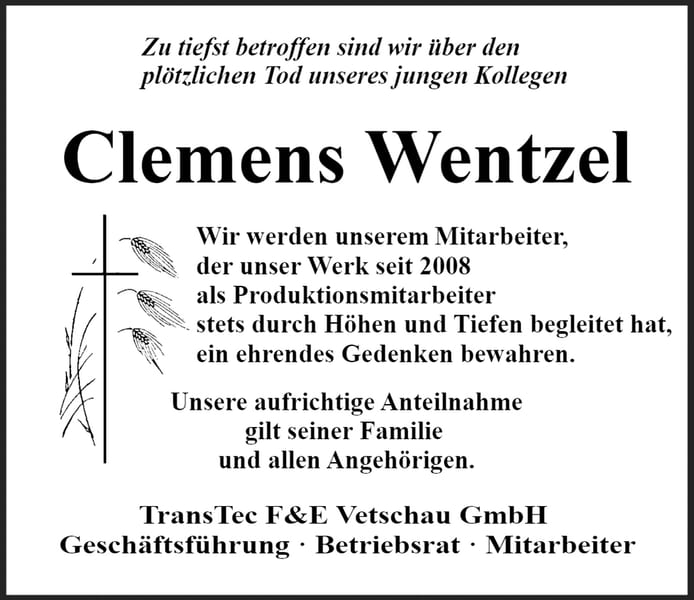 Traueranzeige Clemens Wentzel