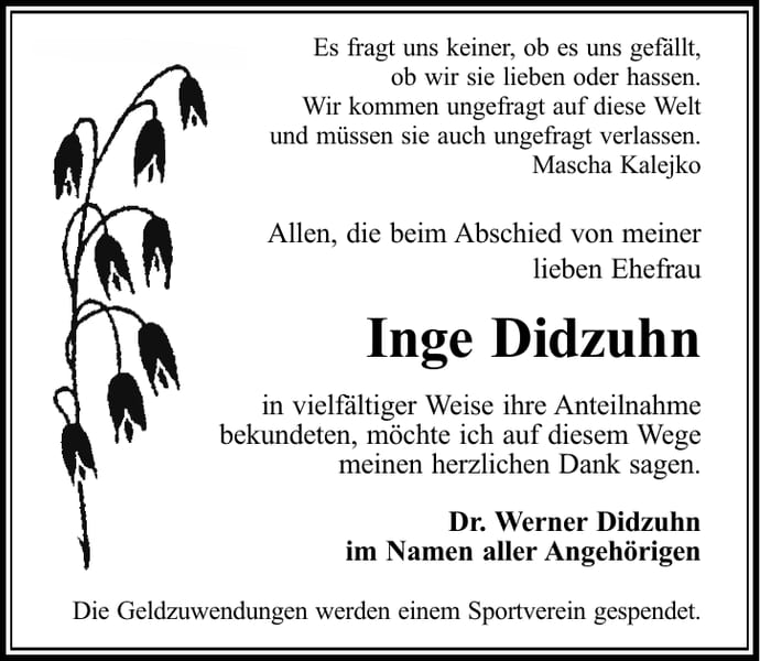 Traueranzeige Inge Didzuhn