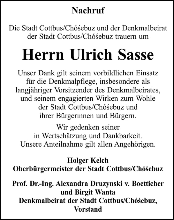 Nachruf Ulrich Sasse