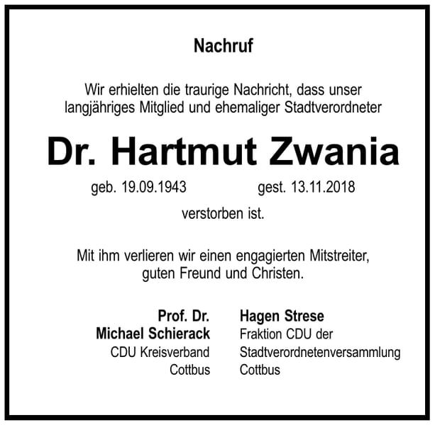 Nachruf Dr. Hartmut Zwania