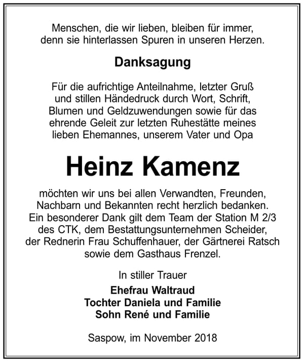 Danksagung Heinz Kamenz