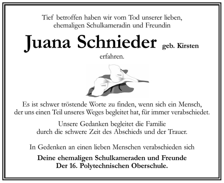 Jahresgedenken Juana Schnieder, geb. Kirsten