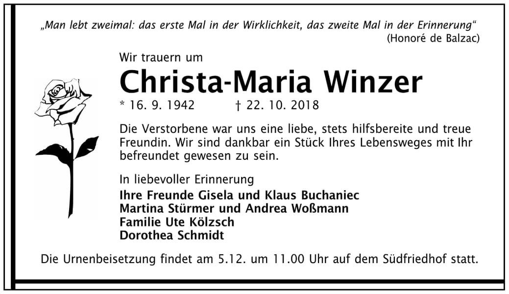 Traueranzeige Christa-Maria Winzer