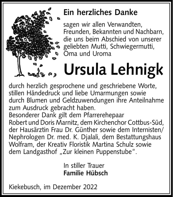 Danksagung Ursula Lehnigk