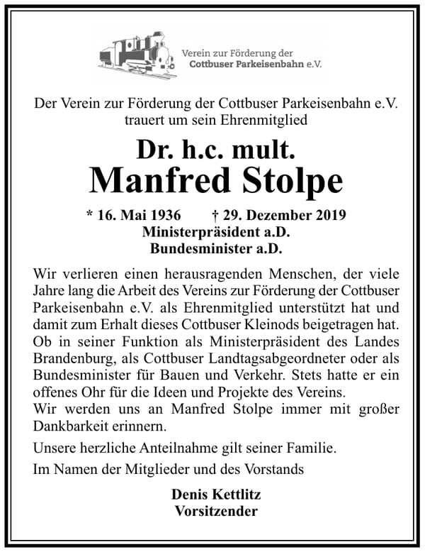 Traueranzeige Dr. h.c. mult. Manfred Stolpe