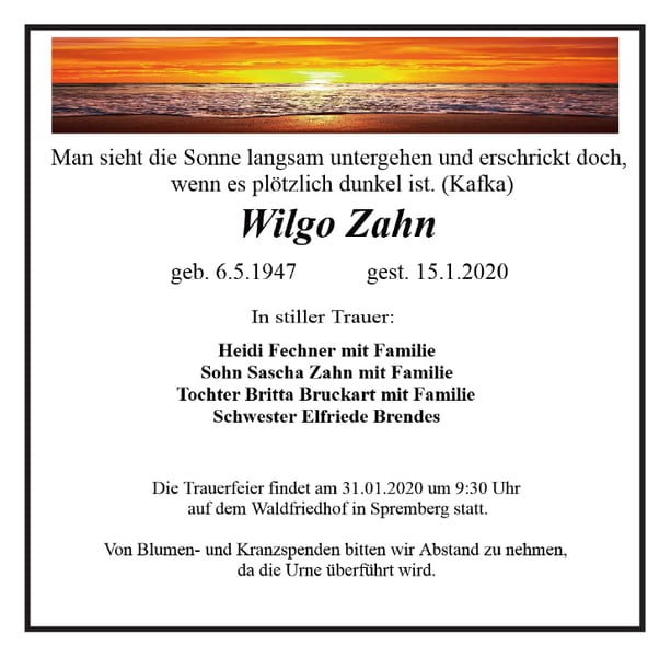 Traueranzeige Wilgo Zahn