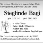 Traueranzeige Sieglinde Bagi