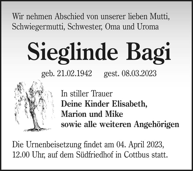Traueranzeige Sieglinde Bagi