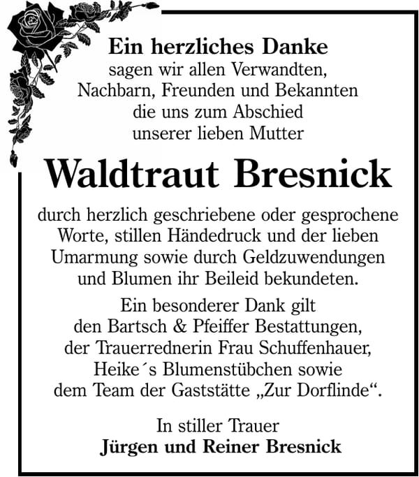 Danksagung Waldtraut Bresnick