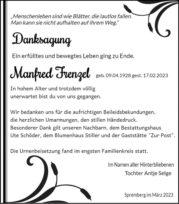 Danksagung Manfred Frenzel