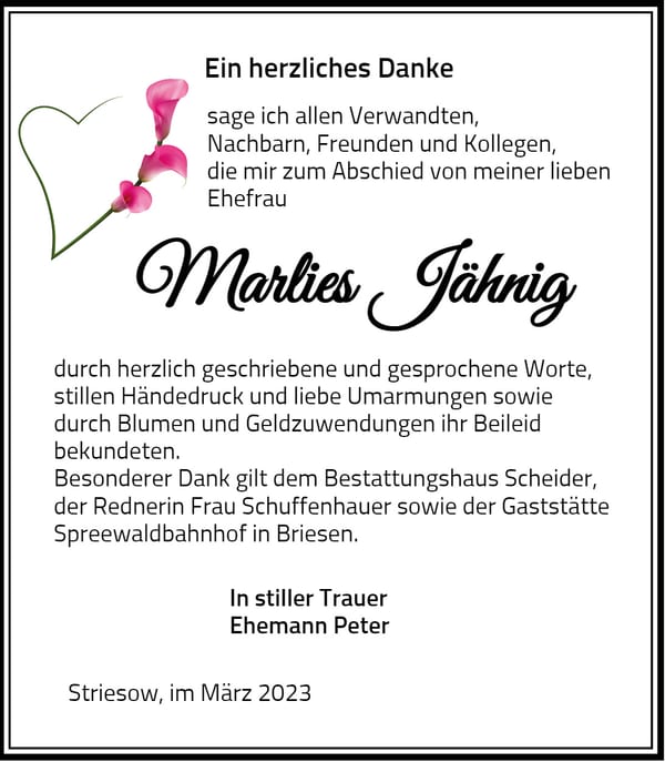 Traueranzeige Marlies Jähnig